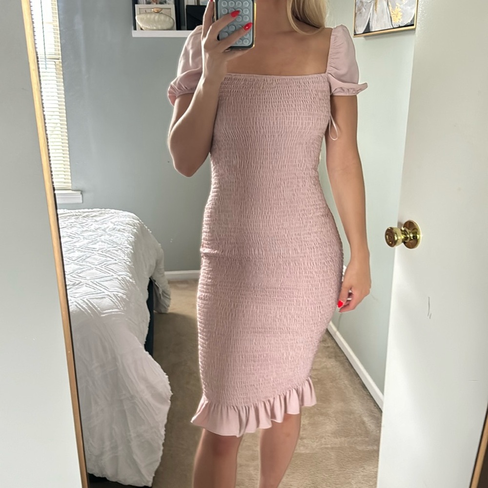 Zara Pink Midi Dress with Puff Sleeves